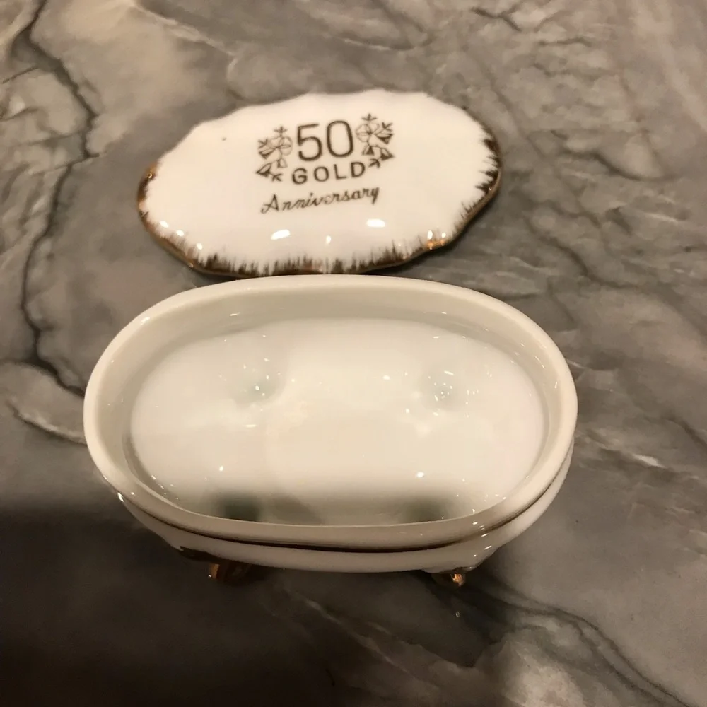 Vintage 50th Gold Anniversary Porcelain Ring Keepsake Box Footed Japan 3” X 2”